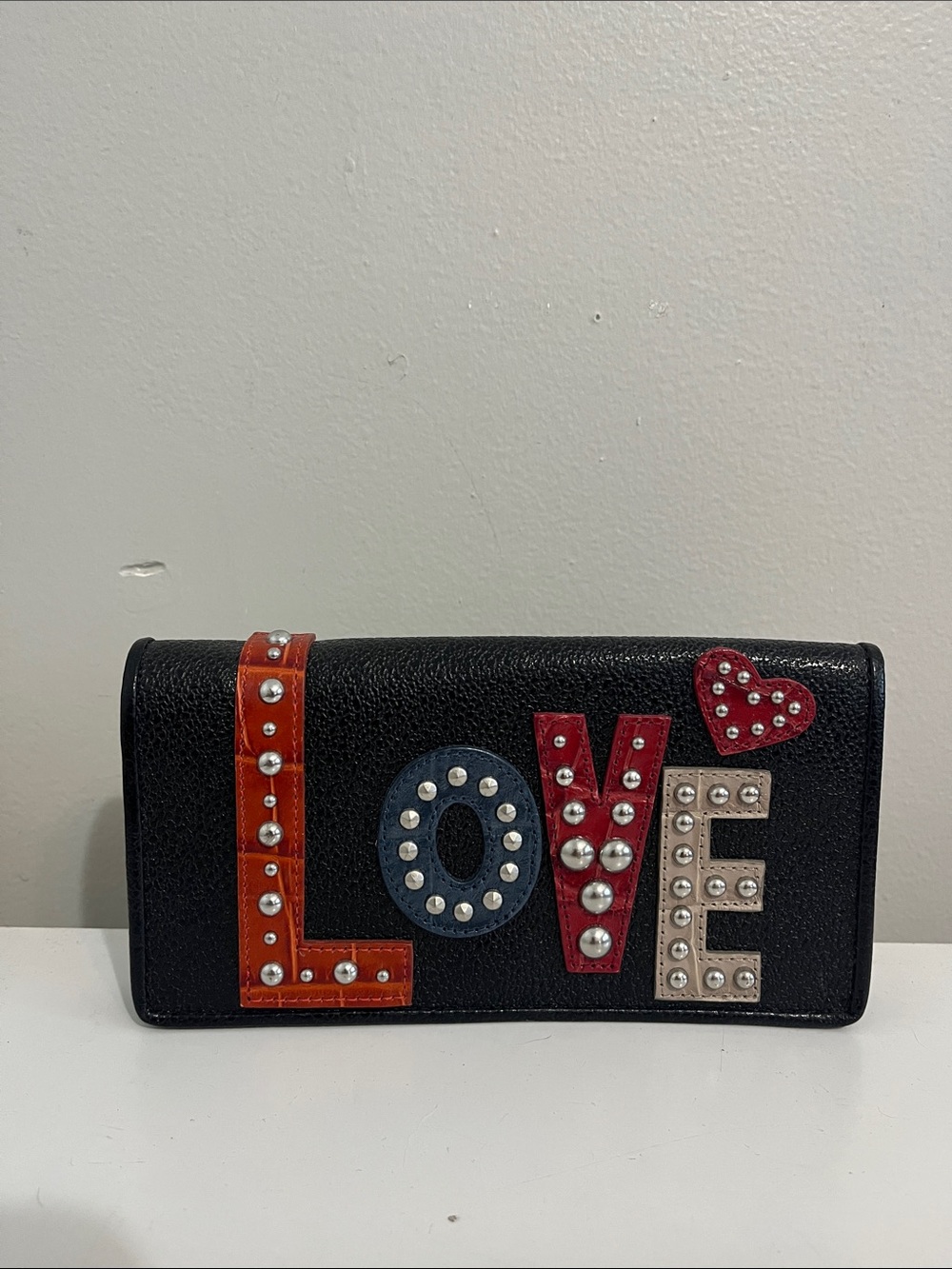 Black Studded 'LOVE' Leather Wallet Clutch with Multicolor Accents